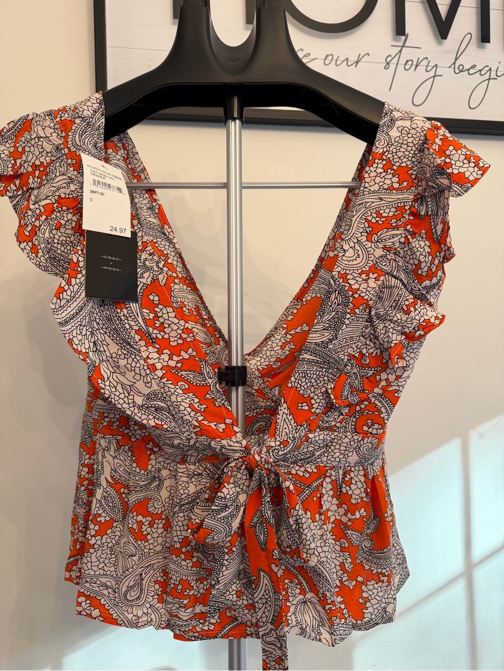Women's Orange White Black Paisley V-Neck Ruffle Cap Sleeve- Tie Blouse Small